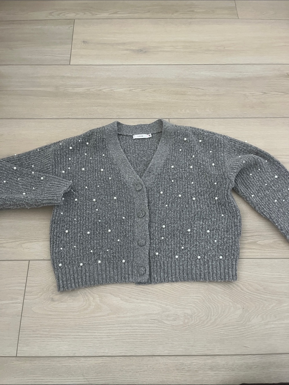 Lush Grey Pearl-Embellished V-Neck Button Cardigan